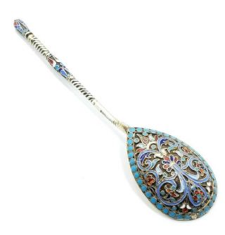 Antique Vintage Russian Silver 84 A.  C Ek Enamel Detailed Cloisonne Spoon