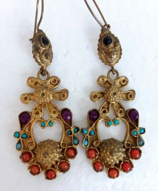 Vtg Antique Tribal Ethnic Earrings Oriental Turkish Persian India Gold Tone