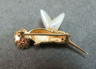 Vtg 14K Solid Y.  Gold Hummingbird Brooch Pin with Ruby Eye Pearl Wins 3.  17 Gram 6