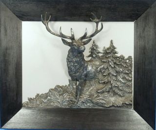 Antique German Oak - Framed Hunt Wall Plaque Stag Forest Silver Bommer C1910