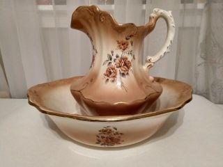 Vintage Large Porcelain Pitcher And Wash Bowl Set,  Floral Design Gold Accents