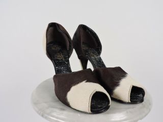 VINTAGE 1940’S TWO TONE PONY FUR / HIDE HIGH HEEL OPEN TOE SHOES SIZE 9 N 3