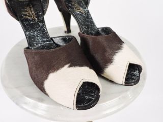 VINTAGE 1940’S TWO TONE PONY FUR / HIDE HIGH HEEL OPEN TOE SHOES SIZE 9 N 4