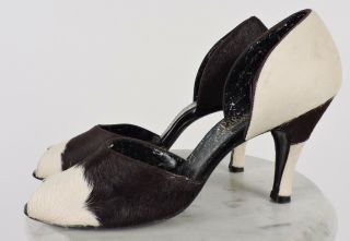 VINTAGE 1940’S TWO TONE PONY FUR / HIDE HIGH HEEL OPEN TOE SHOES SIZE 9 N 5