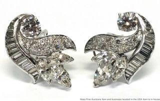 Approx 5.  35ctw Fine Diamond Platinum Vintage 1950s Cluster Earrings 4 Gia Certs