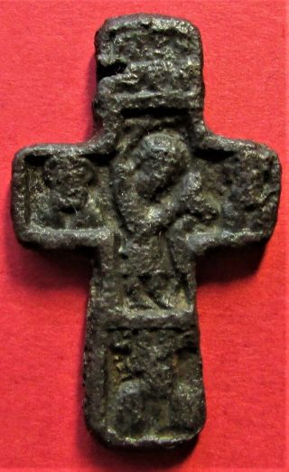 Ancient Russian Bronze Cross " Nikita Besogon And Archangel Michael " Xiv - Xvii Ce