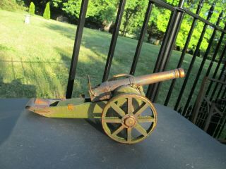 Vintage Antique Tin Toy Cannon Tilting Barrel Army Green Painted W Wood Wheels