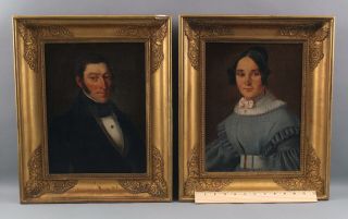 Pair Antique 19thc Portrait Paintings,  American Empire Period Husband & Wife