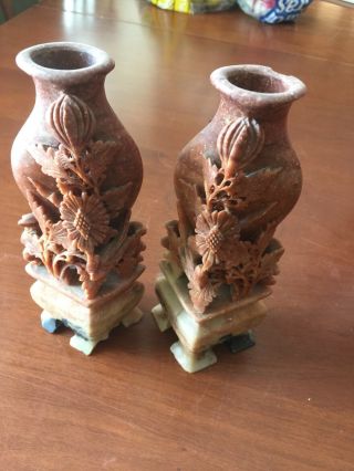 Vintage Chinese Soapstone Hand Carved Cabinet Vases W/ Chrysanthemum Flowers