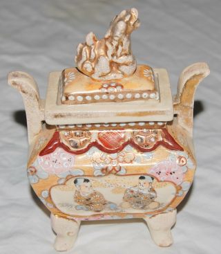 Antique Chinese Dresser Trinket Box Lid China Lion Samurai Child Warrior Signed