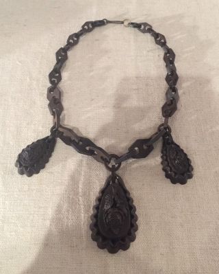 Antique Victorian Black Gutta Percha Mourning 3 Teardrop Massive Necklace