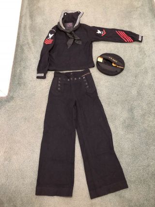 Vintage Ww2 Wwii Navy Uniform Tunic Pr.  Pants Cracker Jack Hat Uss Tanner