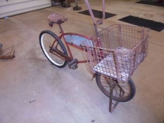 OLD VINTAGE SCHWINN CYCLE TRUCK WITH STAND AND LARGE FRONT BASKET 3
