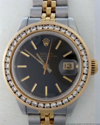 Ladies Rolex Date 18k Gold Ss Vintage Watch 69173 Diamond Bezel