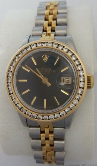 Ladies Rolex Date 18k Gold SS Vintage Watch 69173 Diamond Bezel 2