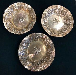 Set Of 3 Antique Sterling Silver Repousse Floral Bowls (185125)