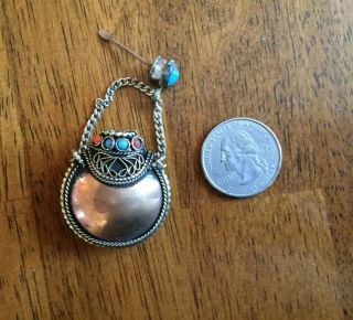 Vintage Tibetan Silver Snuff Bottle Small Pendant With Spoon And Chain Gemstones