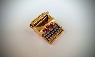 14k Gold Typewriter " I Love You " Charm Pendant Jeweled Pearls & Rubies