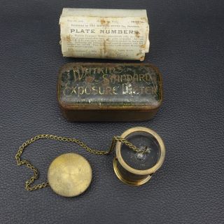 WATKINS Antique Brass Exposure Meter w Tin Box and Instructions 1890’s Vintage 2