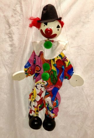 Vintage Handmade Colorful Clown Wooden Marionette String Puppet 17”