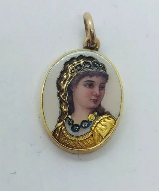 Antique Victorian 18k Yellow Gold Rose Cut Diamond Enamel Portrait Lady Charm