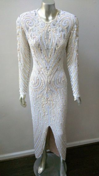Vintage Lillie Rubin Silk Beaded Sequins Faux Diamonds Back Out Evening Dress 8