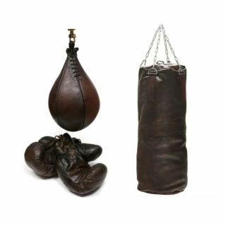 Vintage Brown Leather Boxing Gym Punch Bag,  Gloves,  Punch Ball & Fitting - Retro