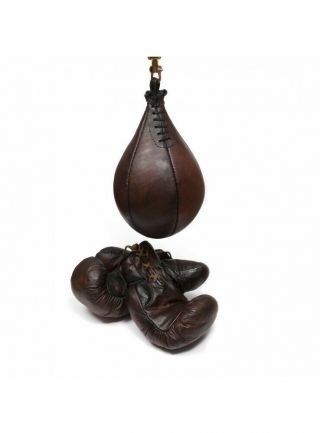 VINTAGE BROWN LEATHER BOXING GYM PUNCH BAG,  GLOVES,  PUNCH BALL & FITTING - RETRO 2