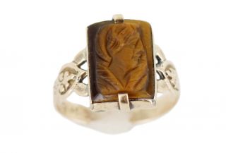 Antique 1838 Georgian 14k Rose Gold Signed Tigers Eye Intaglio Cameo Ring 6