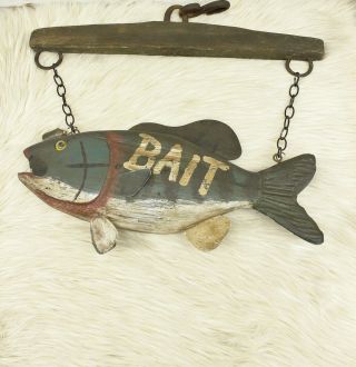 Vintage Wood Figural Carved Fish Bait Tackle Shop Trade Sign Painted 2 Sided