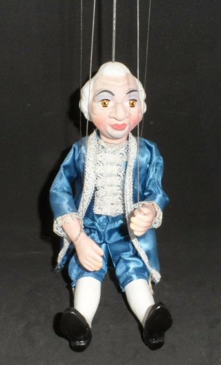 Carved Wooden Marionette Puppet Colonial Man Blue Suit Wooden Metal Controls