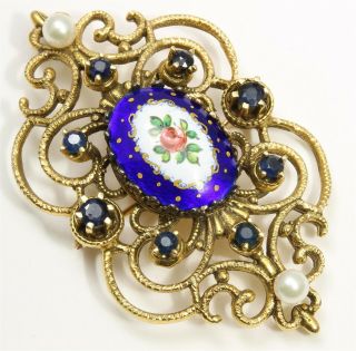 Vintage Art Nouveau 14k Gold Enamel Sapphire Pearl Floral Pendant,  Brooch Pin