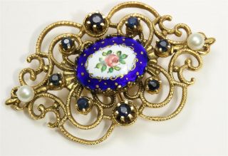 Vintage Art Nouveau 14k Gold Enamel Sapphire Pearl Floral Pendant,  Brooch Pin 2