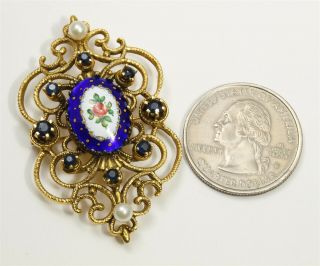 Vintage Art Nouveau 14k Gold Enamel Sapphire Pearl Floral Pendant,  Brooch Pin 7