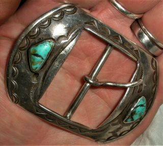Antique C1920 Navajo Coin Silver Ingot Turquoise Belt Buckle Great Stampwor Vafo