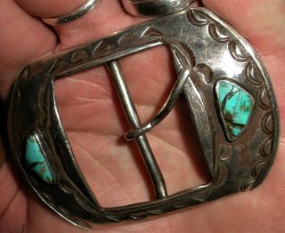 ANTIQUE c1920 NAVAJO COIN SILVER INGOT TURQUOISE BELT BUCKLE GREAT STAMPWOR vafo 3