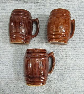 Three Vintage Brown Stoneware Pottery Primitive Beer Barrel Stave Mugs S/h