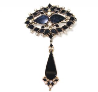 Victorian Mourning Brooch Black Onyx Charm Seed Pearls 14k Yellow Gold