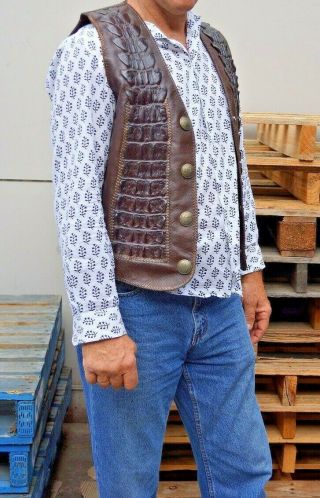 Real Crocodile Skin Vest Biker Leather Hornback Unique Rare Gang Brown 11046