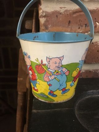 Vintage Three Little Pigs Metal Sand Pail By J.  Chein & Co.