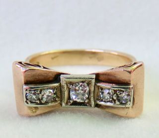 Antique French 18k Gold & Old European Cut Diamond Bow Ring Eagle Hallmark