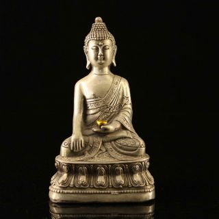 Chinese Old Copper Plating Silver Sakyamuni Buddha Gold Plating Bowl Statue C01e