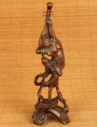 Chinese Old Boxwood Hand Carved Pipa Dance Girl Statue Netsuke Table Decoration