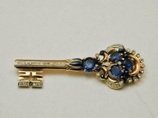 Early Crown Trifari Skeleton Key Pin W/blue Faceted Rhinestones Pat Pend