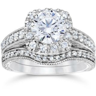 1 3/4ct Cushion Diamond Vintage Halo Engagement Ring Set Enhanced 14k White Gold