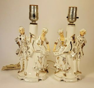 Vintage Victorian Couple Porcelain Boudoir Lamps Set Of 2 Made In Japan 1950 