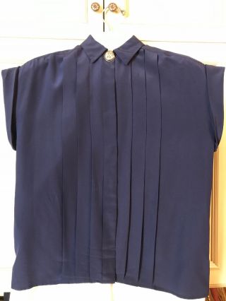 Vintage Chanel Silk Blouse Navy Tuxedo Front Short Sleeve
