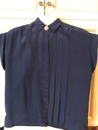 Vintage Chanel Silk Blouse Navy Tuxedo Front Short Sleeve 2
