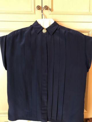 Vintage Chanel Silk Blouse Navy Tuxedo Front Short Sleeve 5