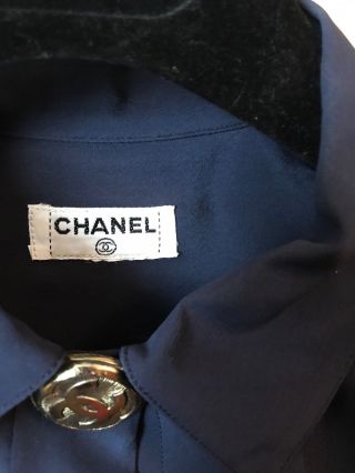 Vintage Chanel Silk Blouse Navy Tuxedo Front Short Sleeve 9